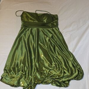 Olive Green Satin Spaghetti Strap Party Dress